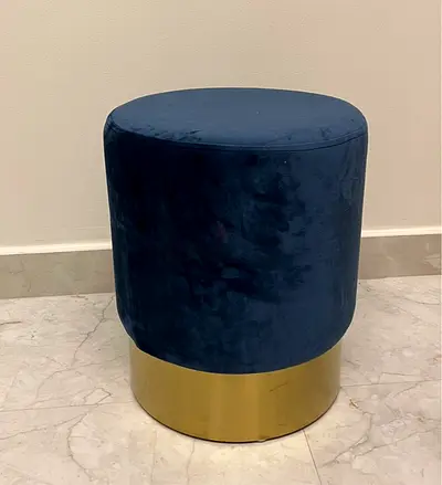 Navy Velvet Round Ottoman Stool with Gold Base
