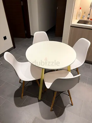 Round Dining Table with 4 Modern White Chairs - Compact Set