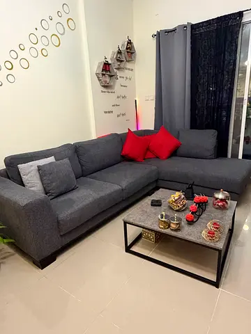 Dark grey sectionsl L-shaped fabric sofa with cushions - good condition