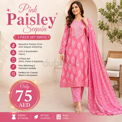 Pink Paisley Sequin 3-Piece Women's Suit (Shirt, Pants & Dupatta)