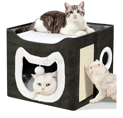 2-Level Cat House Cube with Scratch Pad and Cushion