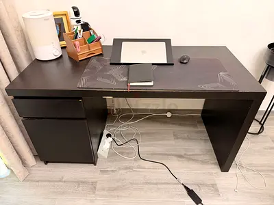 Dark wood office desk with drawer and cabinet - good used condition IKEA