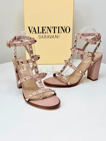 Valentino Rockstud Leather Block Heel Sandals - Pale Pink, Size Available