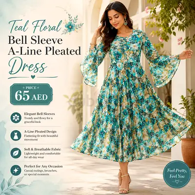 Teal Floral Bell Sleeve A-Line Pleated Dress