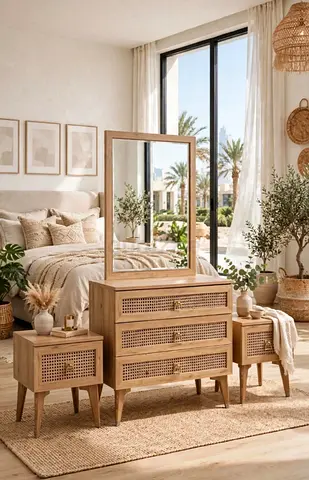 Wooden Dresser with Mirror and Two Bedside Tables - Natural Rattan Detail