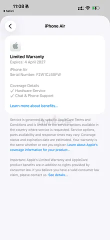 iPhone Air with Active Limited Warranty (Expires April 2027)