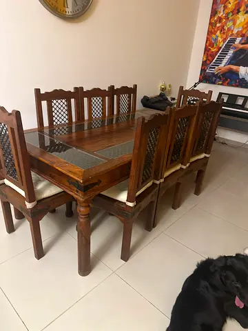 Marina Home Solid Wood Dining Table with 8 Matching Chairs - Classic Carved Design