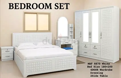 White 4-Piece Bedroom Set – Bed 180x200cm, 4‑Door Wardrobe, Dressing Table & Nightstands