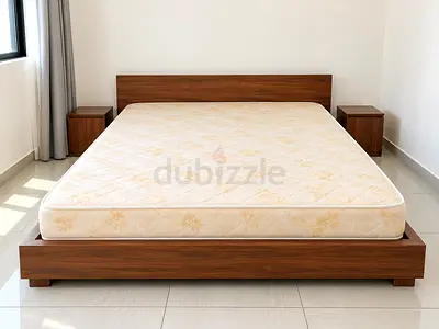 King Size Wooden Bed Frame + Mattress + 2 Nightstands