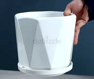 White Geometric Ceramic Plant Pot with Saucer - Small/Medium
