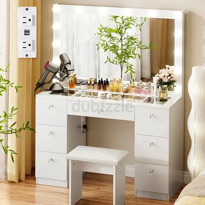 VOWNER 44" Makeup Vanity Desk with Glass Top, Lighted Mirror, 7 Drawers