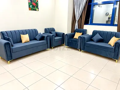 Get the brand new 7 seater sofa grey color with mix color pillows and golden leg available
