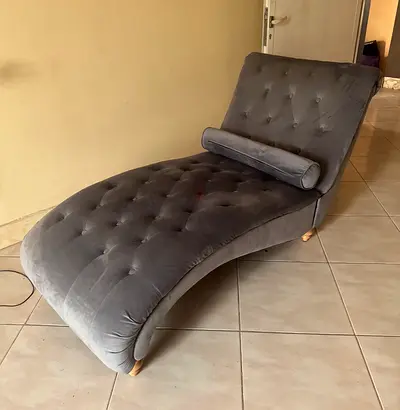 Grey Tufted Velvet Chaise Lounge with Bolster Cushion