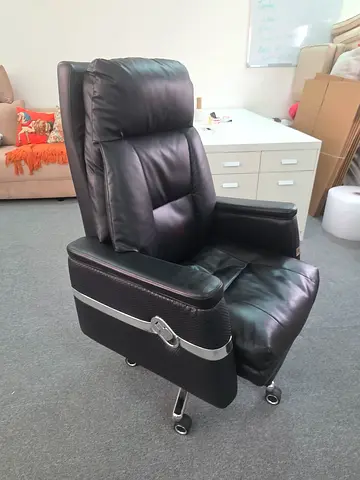 Black leather office recliner chair with wheels - good condition