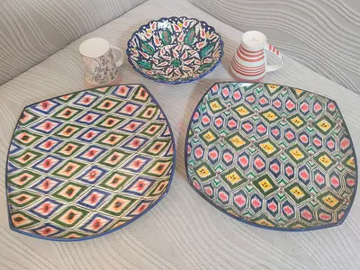 Set of 2 Decorative Ceramic Plates + Bowl - Colorful Geometric Design