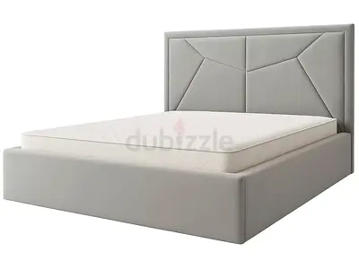Queen size upholstered platform bed with geometric headboard - light grey