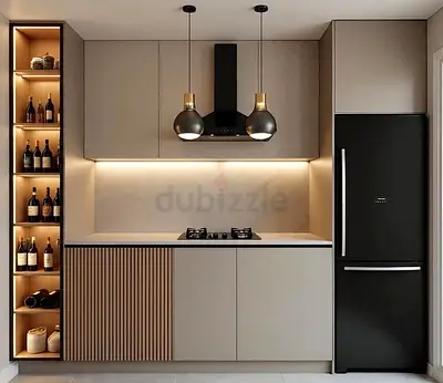 Modern fitted kitchen cabinet set with integrated wine shelving