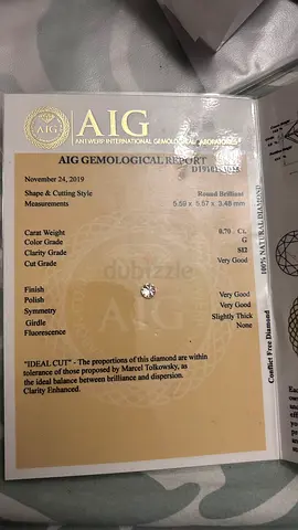AIG Certified 0.70 ct Round Brilliant Diamond with Report (2019)