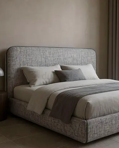 Upholstered Double Bed with Padded Headboard - Neutral Grey Fabric