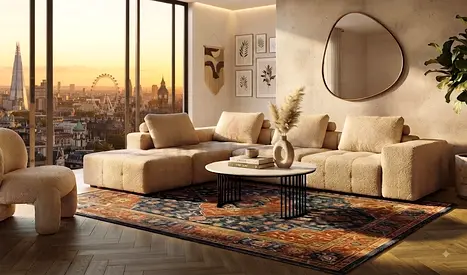 Large vintage-style area rug in warm earth tones
