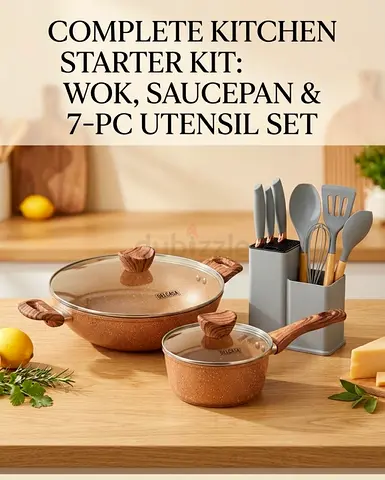 Complete Kitchen Starter Kit - Wok, Saucepan & 7-Piece Utensil Set (Like New)