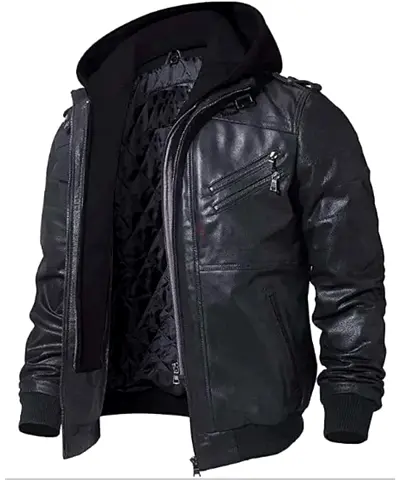 Men's Genuine Leather Brown Black Jacket with Removable Hood