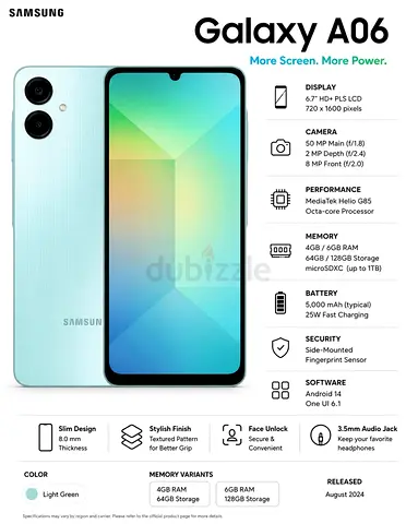 Samsung Galaxy A06 - 6GB RAM, 128GB, Light Green (Brand New)