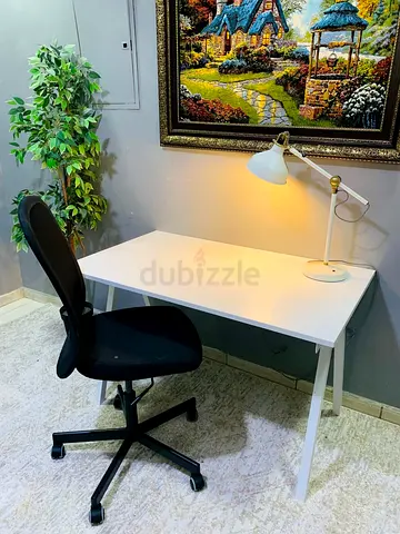 Simple White Study Desk with Office Chair and Lamp - Good Condition