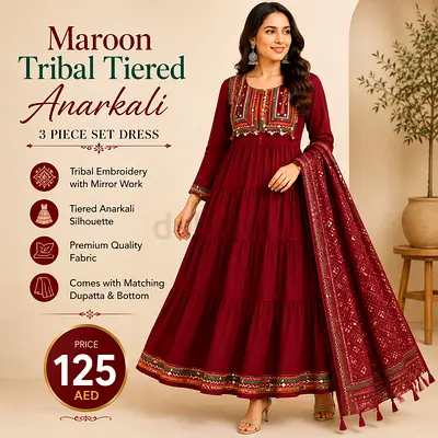 Maroon Tribal Tiered Anarkali 3-Piece Dress