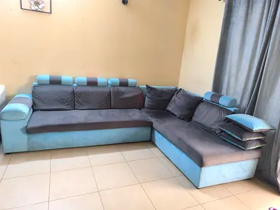 L-shaped 5-seater Fabric Sofa in Blue & Grey - Good Condition