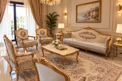 Classic Gold Trim Living Room Sofa Set with Marble Coffee Table