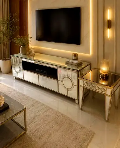 Mirrored Modern TV Unit with Matching Side Table - Elegant Living Room Set