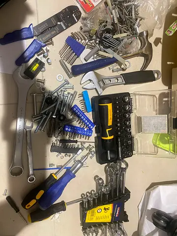 Mixed hand tools and fasteners set - wrenches, screwdrivers, sockets, screws