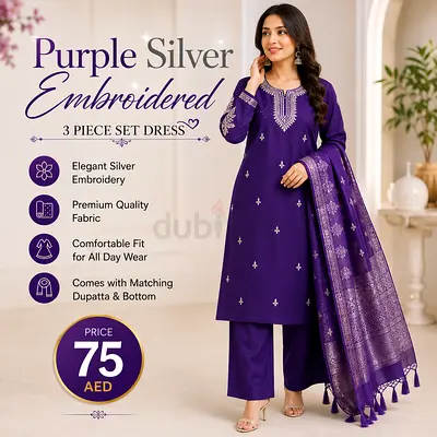 Purple Silver Embroidered 3-Piece Women's Dress with Dupatta