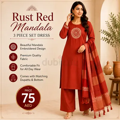 Rust Red Mandala 3-Piece Women's Set with Dupatta