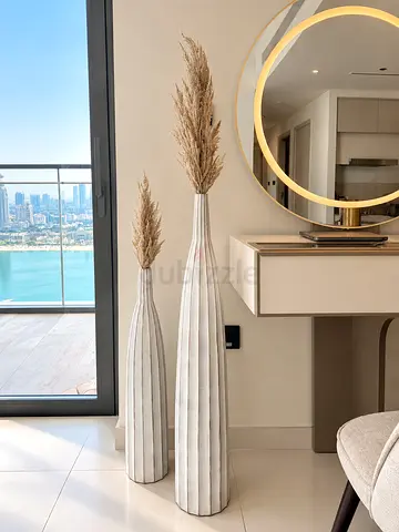 Pair of Tall Decorative Floor Vases with Pampas Grass