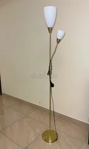 Brass-tone Dual Head Floor Lamp with White Glass Shades
