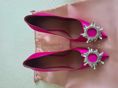 Amina Muaddi Begum Hot Pink Satin Pointed Flats with Crystal Brooch - Size 36