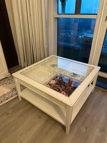 White Glass Top Display IKEA wooden Coffee Table with Storage