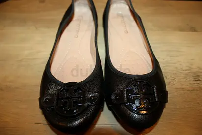 Black Tory Burch-style Leather Ballet Flats, Size 6