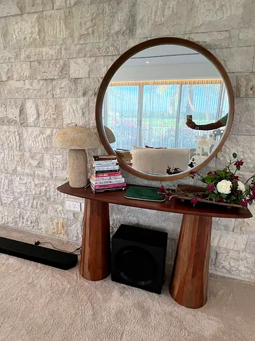 Solid Wood Console Table with Large Round Mirror - Natural Finish