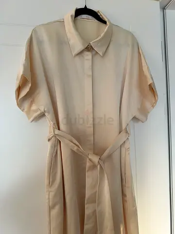 Mango Beige satin short-sleeve belted shirt dress - size M