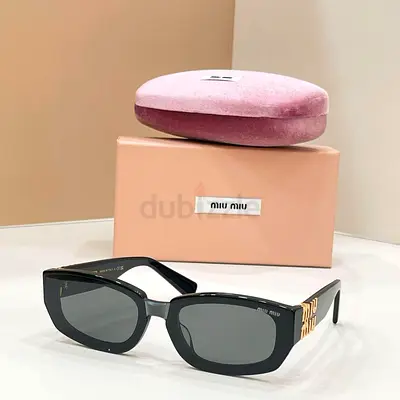Miu Miu Black Rectangular Sunglasses with Gold Logo Temples