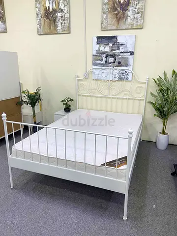 White Metal Double Bed Frame with Decorative Headboard - Good Condition