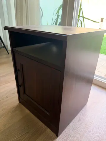 A pair of Home Center Dark Wood Bedside Tables / Nightstands with Drawer and Open Shelf