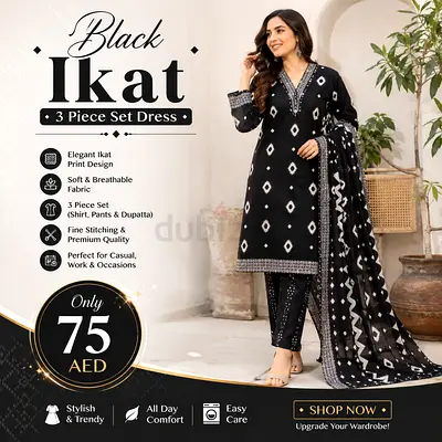 Black Ikat 3-Piece Women's Suit (Shirt, Pants & Dupatta)