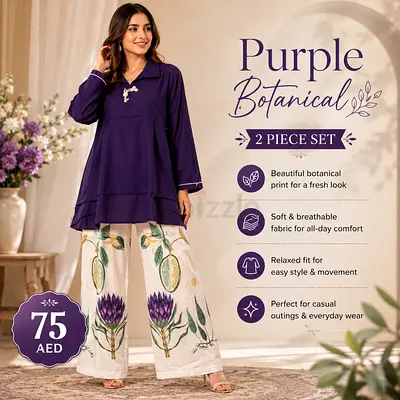 Purple Botanical 2-Piece Tunic and Wide-Leg Pants Set