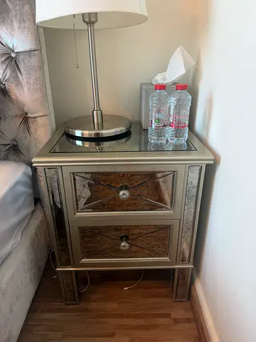 Mirrored Bedside Nightstand with Two Drawers - Silver Finish