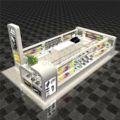 Mobile accessories kiosk — display counters with glass cases and shelving