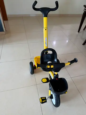 Yellow Kids Tricycle with Push Handle and Storage Basket - Good Condition